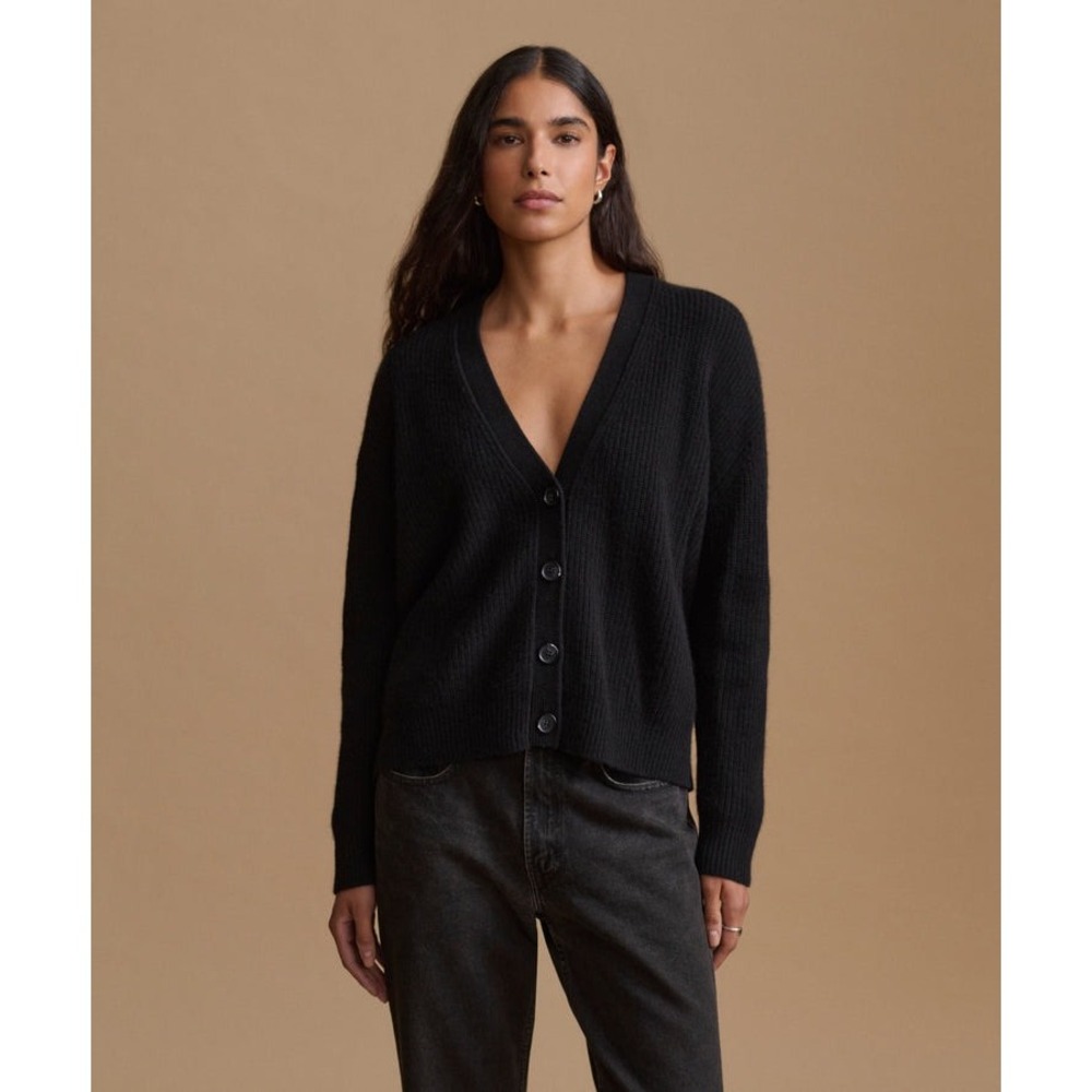 Jenni Kayne Black 100% Cashmere Everyday Cardigan V-Neck Ribbed Sweater classic